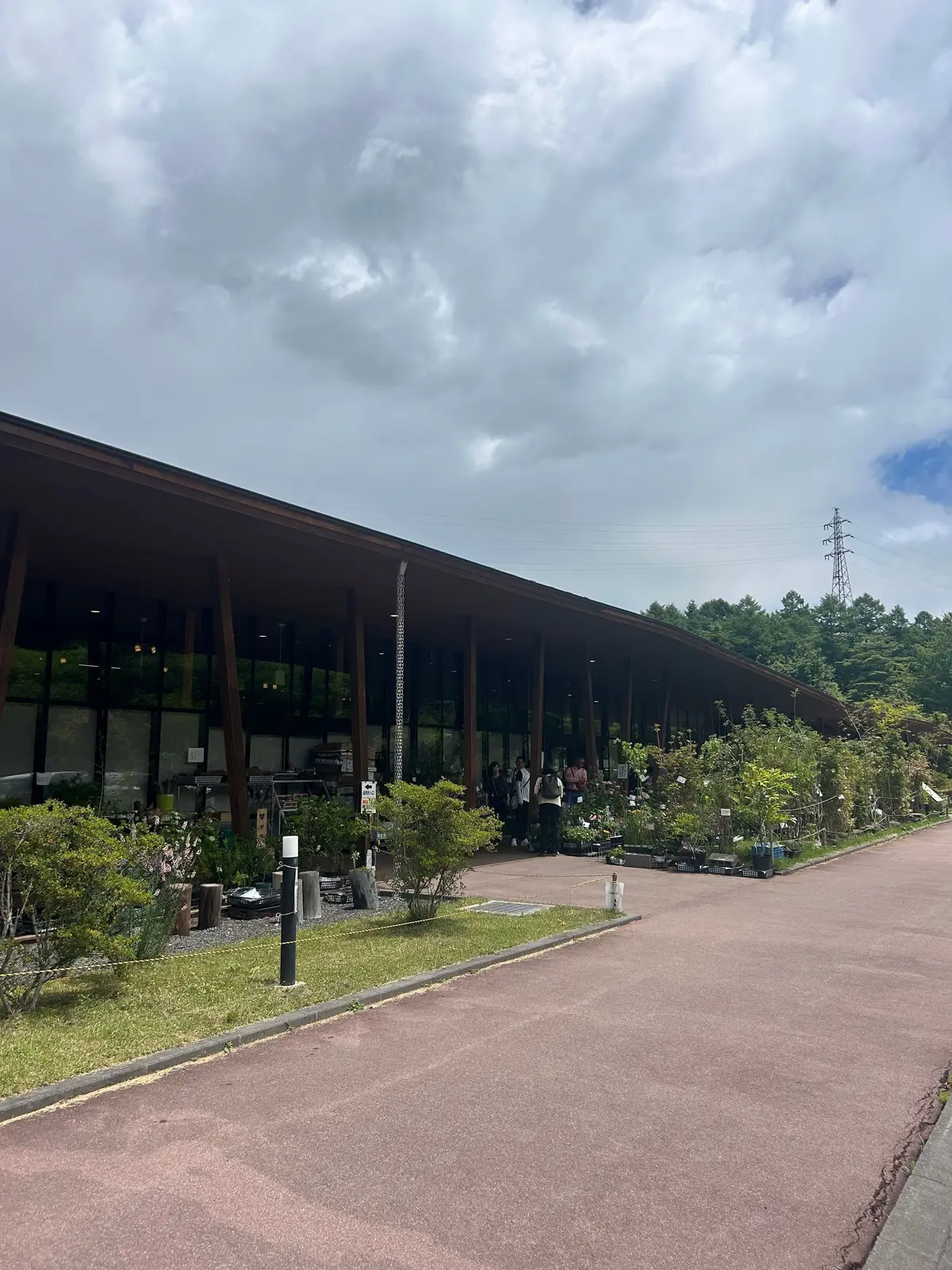 緑豊かな植栽に囲まれた、木製の柱が並ぶモダンな建物。広い駐車場があり、人々が植物を選んでいる様子が見える。空は曇り、青い空が垣間見える。