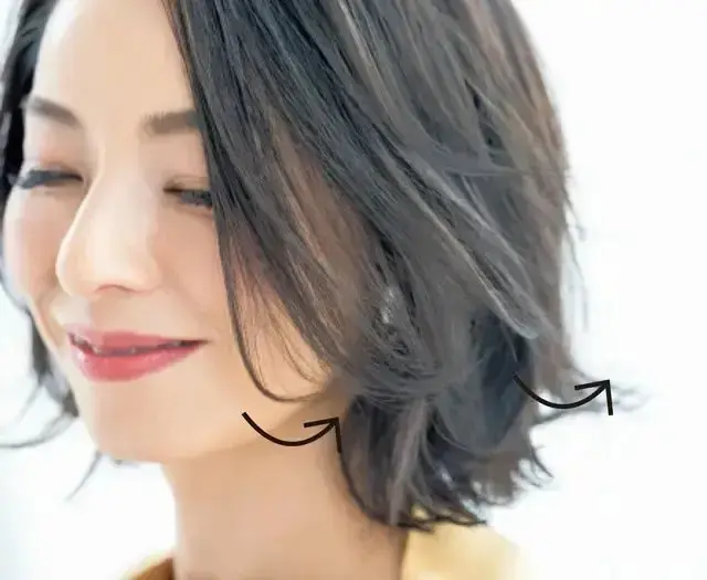 ショートカットの女性、目の周りを強調するアーチ形の矢印が二つ
