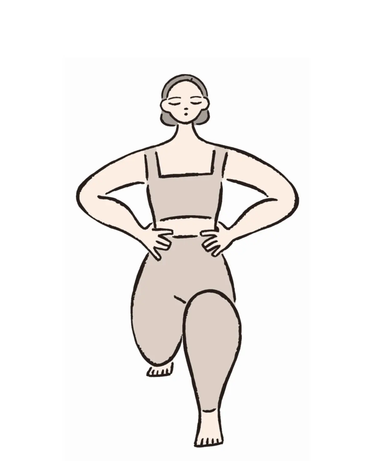 ヨガウェアを着た女性が、両手で腰を支えながらスクワットの姿勢をしているイラスト。背景は白。