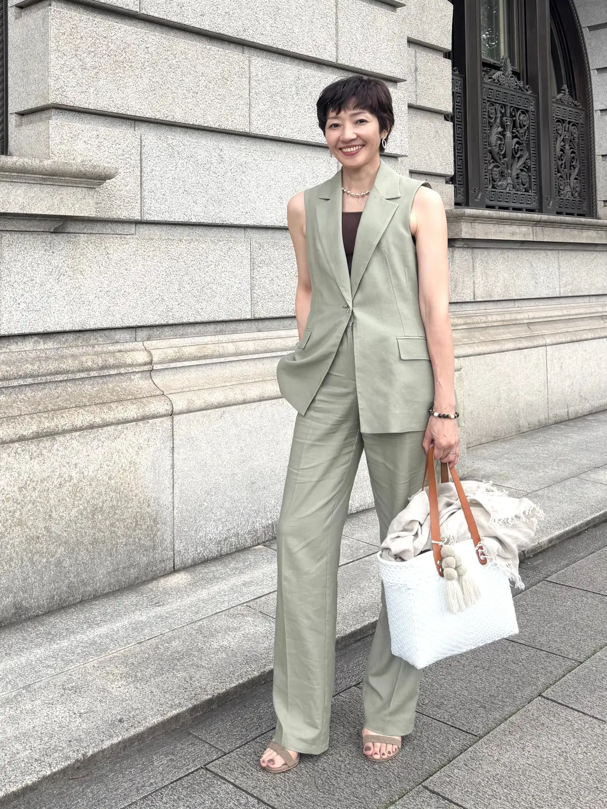 ZARAリネンセットアップ　ロングジレ　夏コーデ