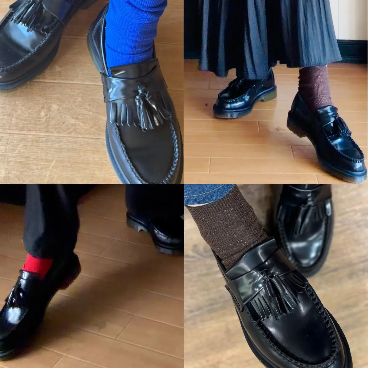 黒いレザーのタッセルローファーに、様々な色の靴下を合わせた写真。青、茶色、赤、黒の靴下を着用。木製の床に足が置かれている。
