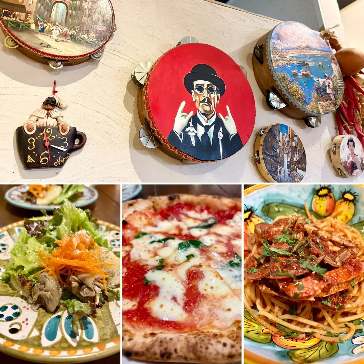 手作りの装飾品と3つの料理が並ぶコラージュ。装飾品には、時計が描かれたマグカップ、ピカソ風の男性の絵が描かれた円形のプレート、港の風景が描かれた木製のタンバリンなどがある。