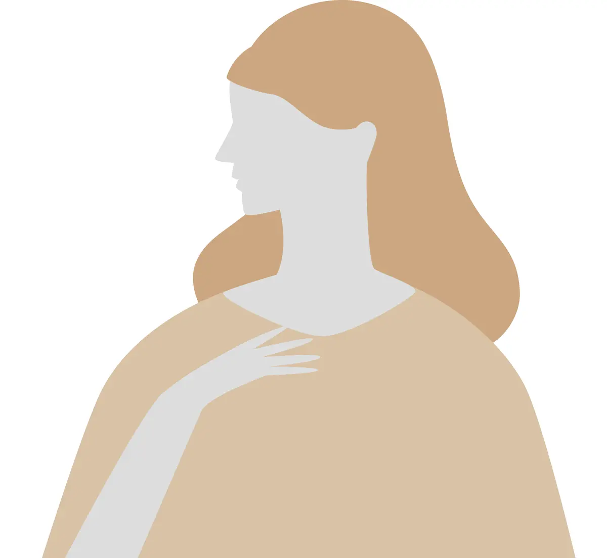 横顔の女性が、肩に手を当ててこちらを見ているイラスト。長い茶色の髪と、淡いグレーの肌が特徴的。全体的に暖色系の色合いで、シンプルなデザイン。