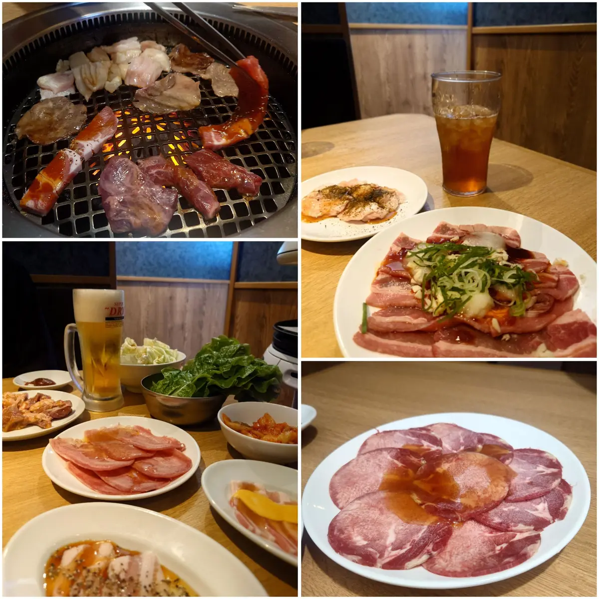 焼き肉と飲み物の盛り合わせ。左上は網の上に焼ける肉、右上は小皿に盛り付けられた肉とビール、左下はビールと野菜、右下は盛られた肉と調味料。