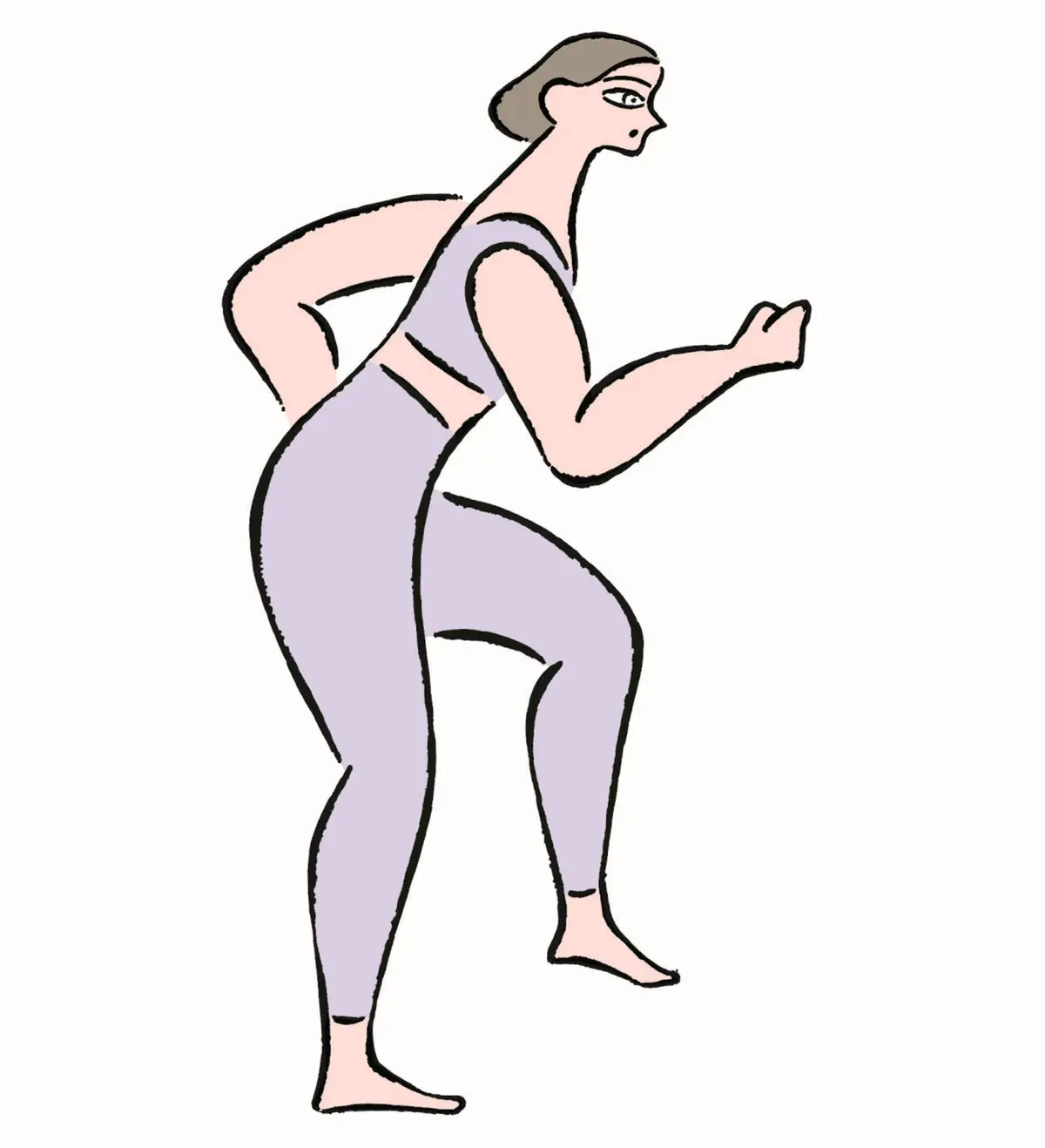 動きのある女性のイラスト。トップスとパンツを着用し、片足を前に出した走るポーズ。正面を見つめている。