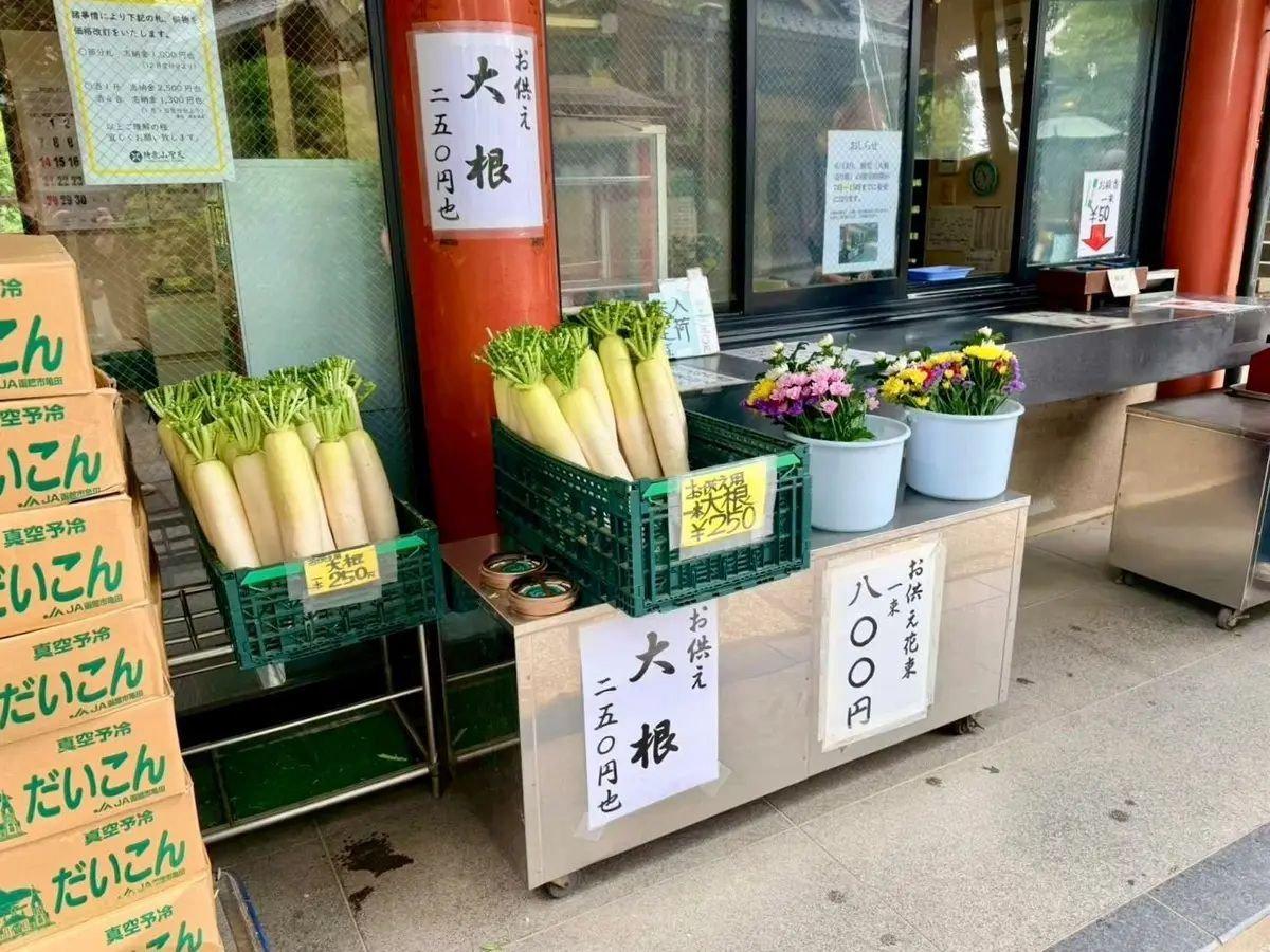 露店で販売されている大根と菜の花。左には緑色のパックに入った大根が積み重ねられ、右には白い大根と黄色い菜の花が置かれている。手前に木製の箱があり、その上に価格表示の看板が立っている。背景には建物の窓と、人々が写っている。