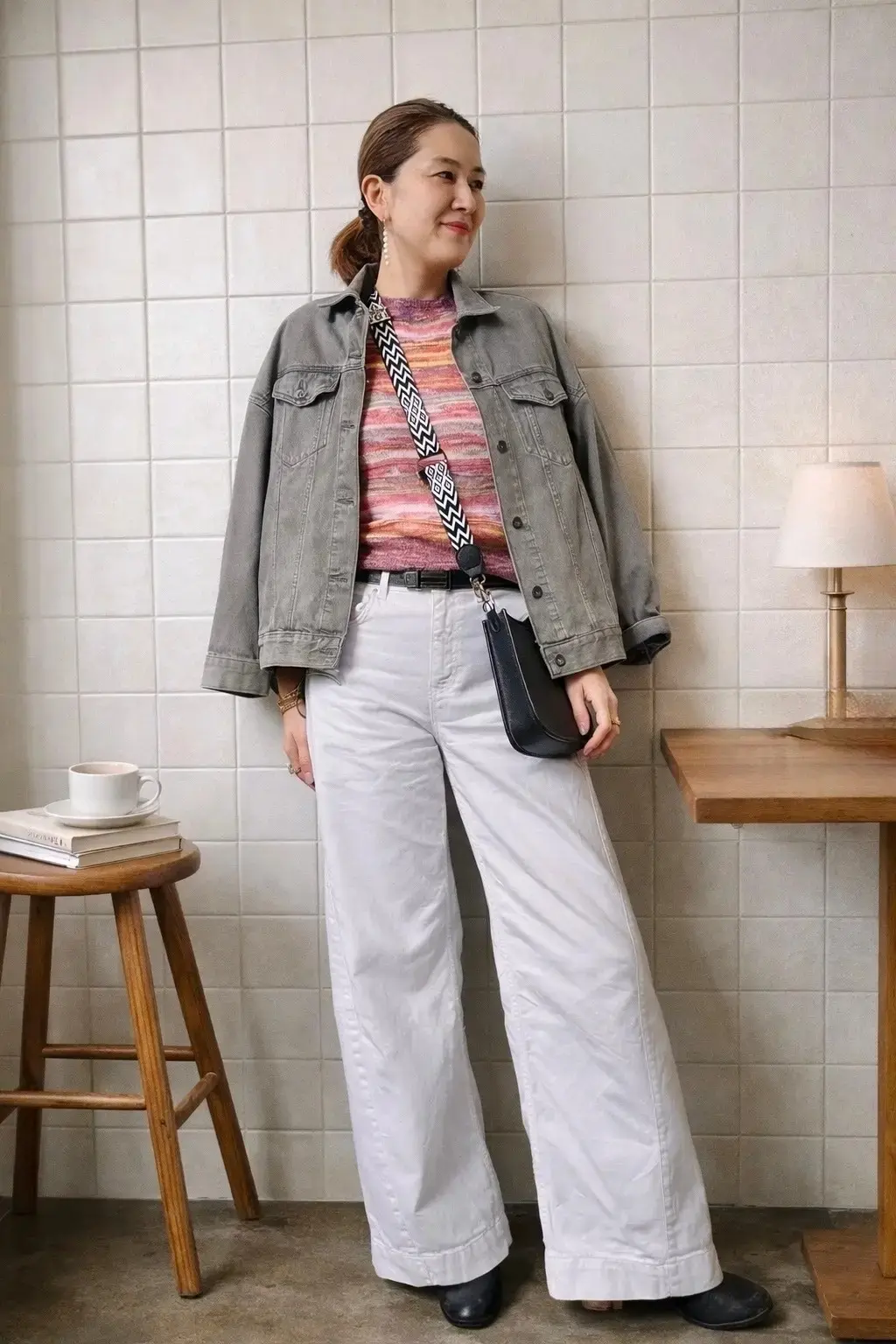 白のワイドパンツ ユニクロ　デニムジャケットコーデ