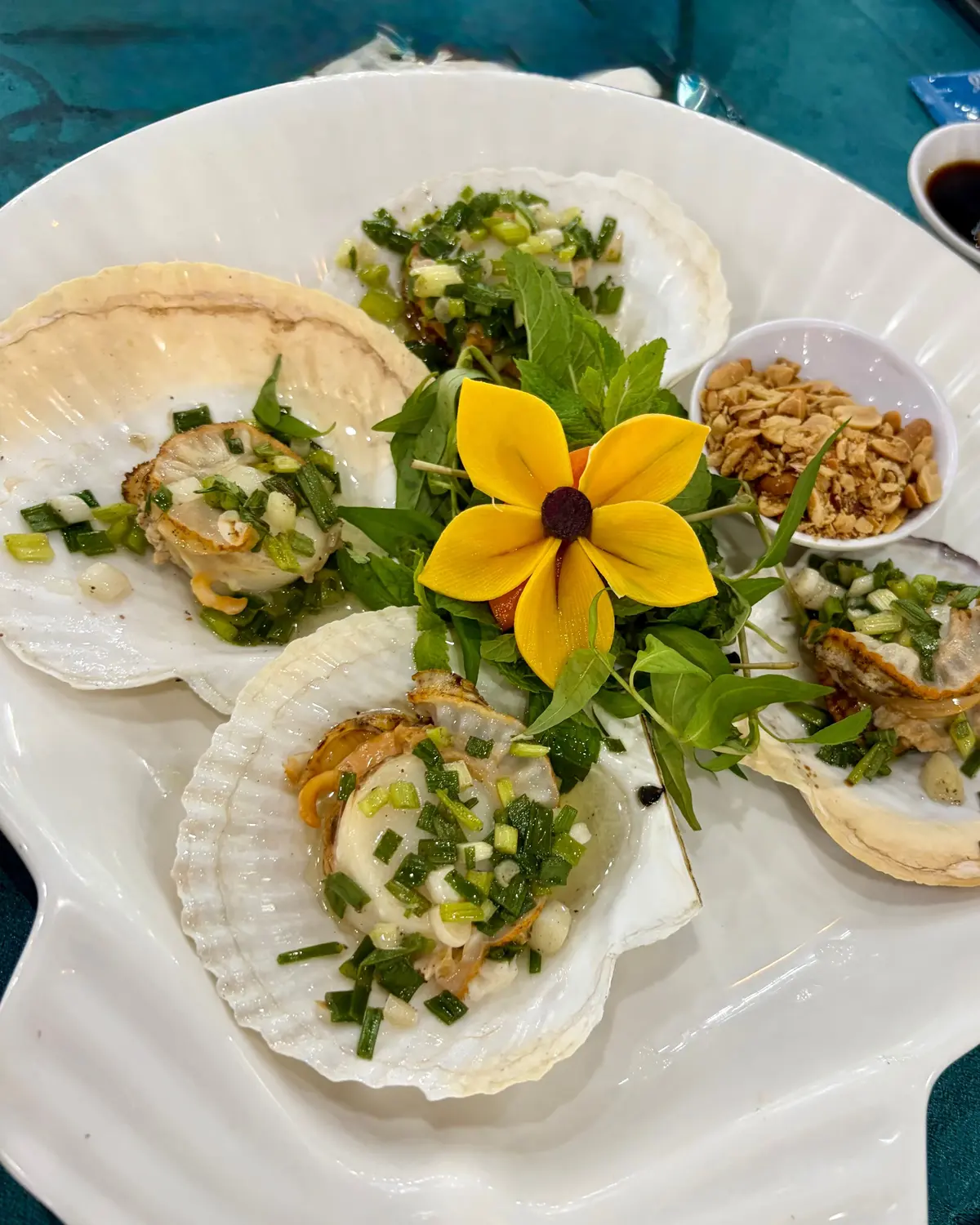 白いプレートに、緑の野菜と黄色の花が飾られた貝料理が並ぶ。