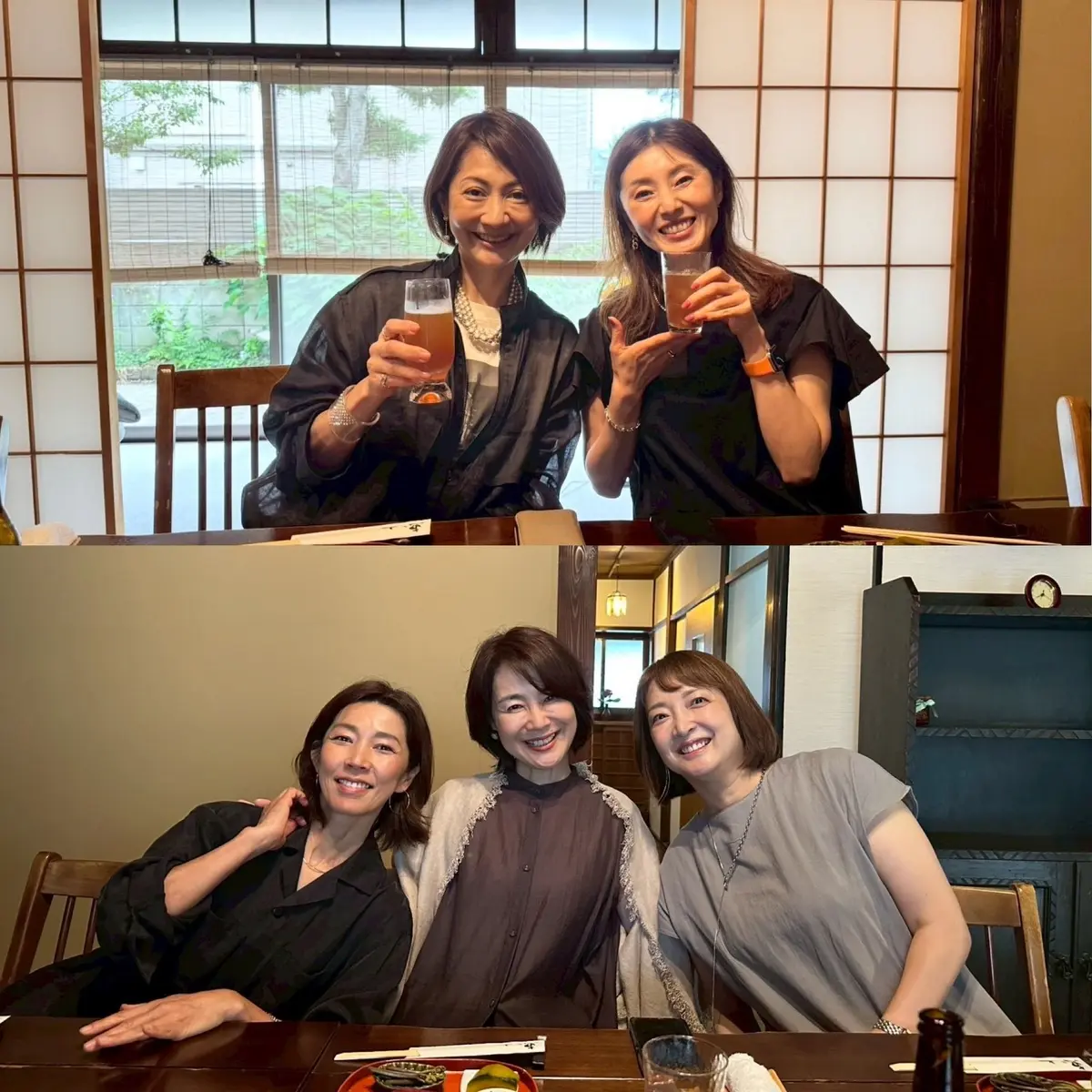 二人の女性がビールグラスを手に笑顔で写る。明るい和室の窓から自然光が差す。別のシーンでは三人の女性がテーブルに座り、料理とドリンクと共に楽しそうに会話している。
