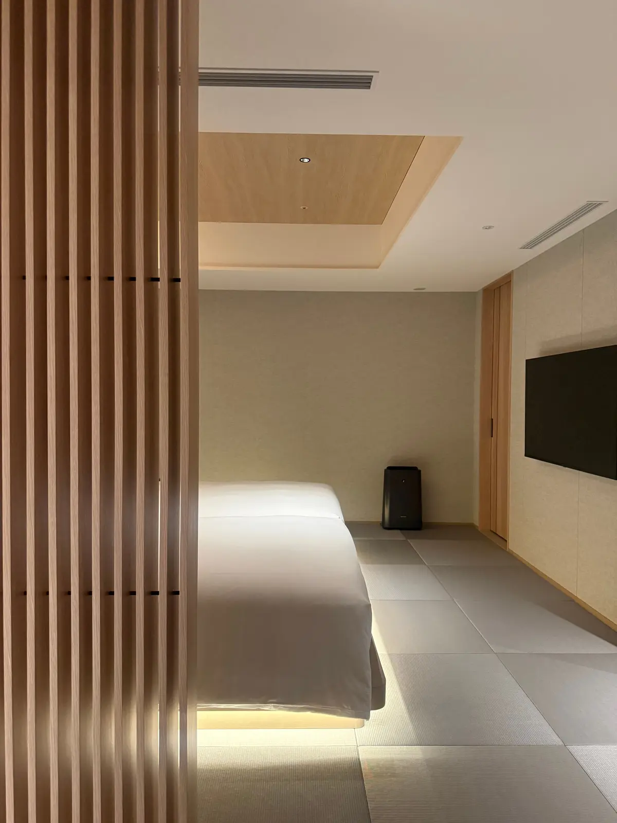 木製のドアから見ると、ミニマルな客室で、ベージュの壁と床、木製の天井、テレビとスピーカーが備わっている。