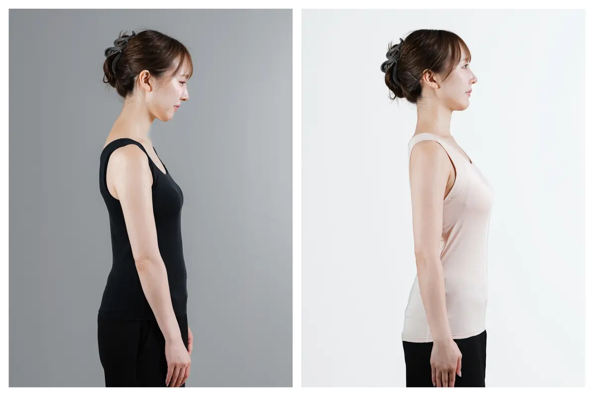 Styleの“着る姿勢ケア”　スタイル ビーエックス インナーウェア タンクトップ （カップ付き）　製品の写真　着用前後の比較画像
