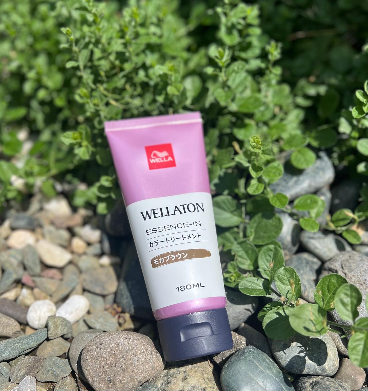 緑の草むらに置かれた、ウェルアトン（Wellaton）のエッセンスインカラートリートメントの180mlチューブ。茶色のラベルが貼られており、背景には小石が見える。
