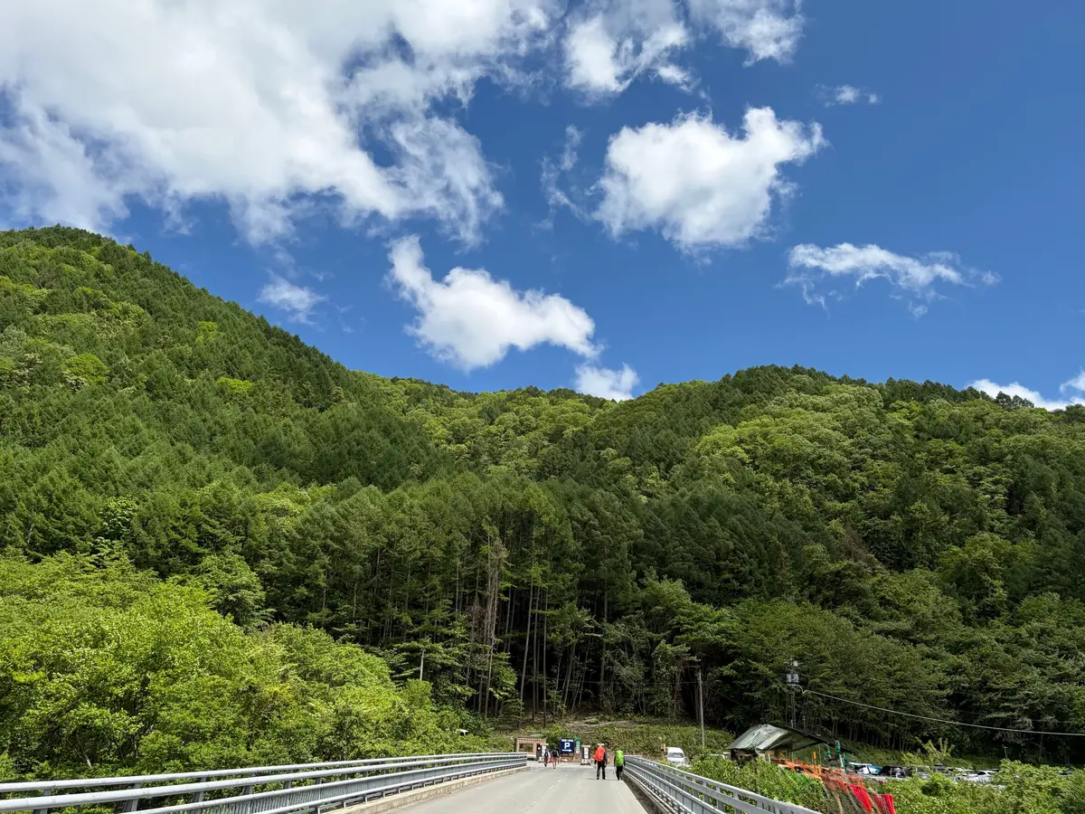 緑豊かな山々が連なる中を走る道、青空と白い雲が広がる