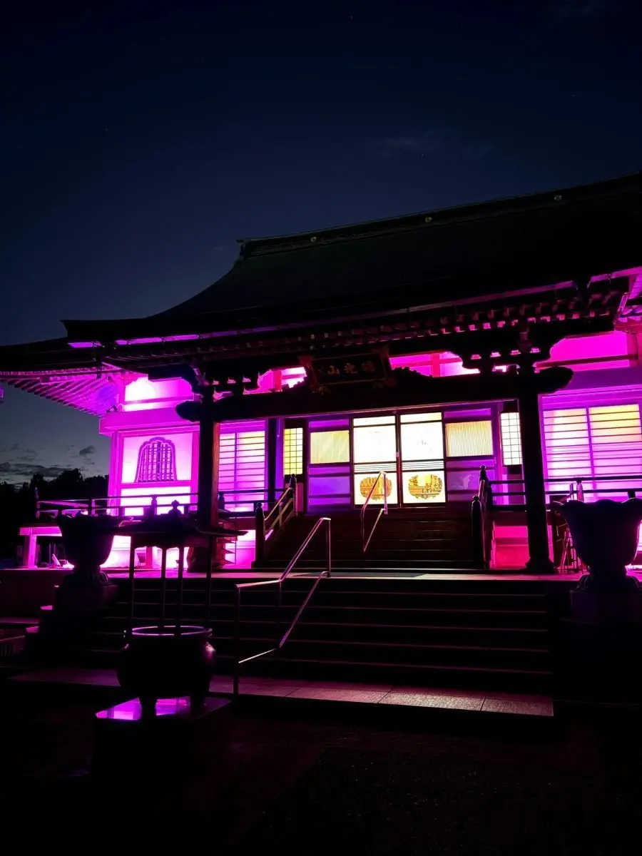夜の暗闇に浮かぶ、伝統的な日本の建築物。鮮やかなピンク色の照明が照らし、木造の構造と窓枠が際立つ。階段と手すりが設置され、建物正面には額縁に入った絵画が飾られている。