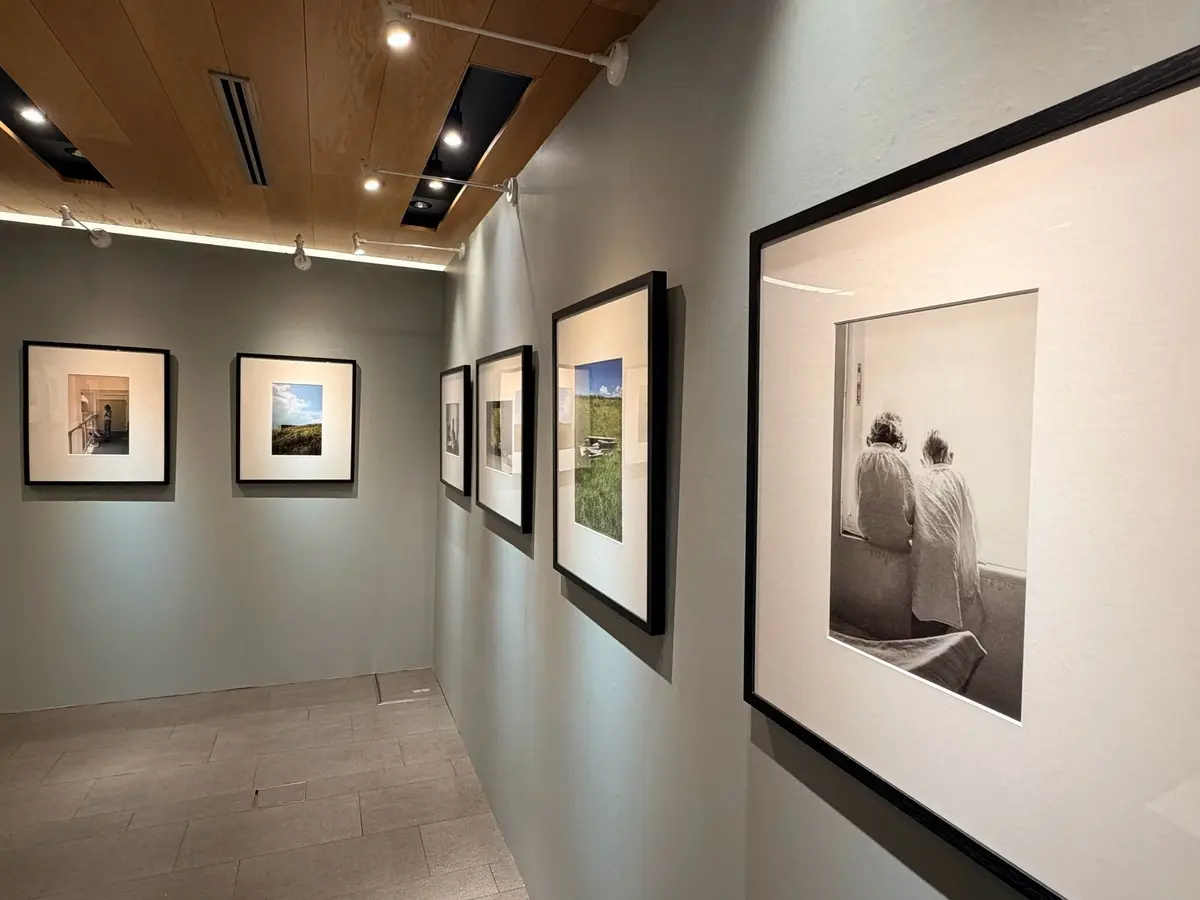 美術館の廊下に、黒縁の写真を5枚飾っている様子。風景写真や人物写真が並び、天井にはスポットライトが設置されている。床はタイル張り。