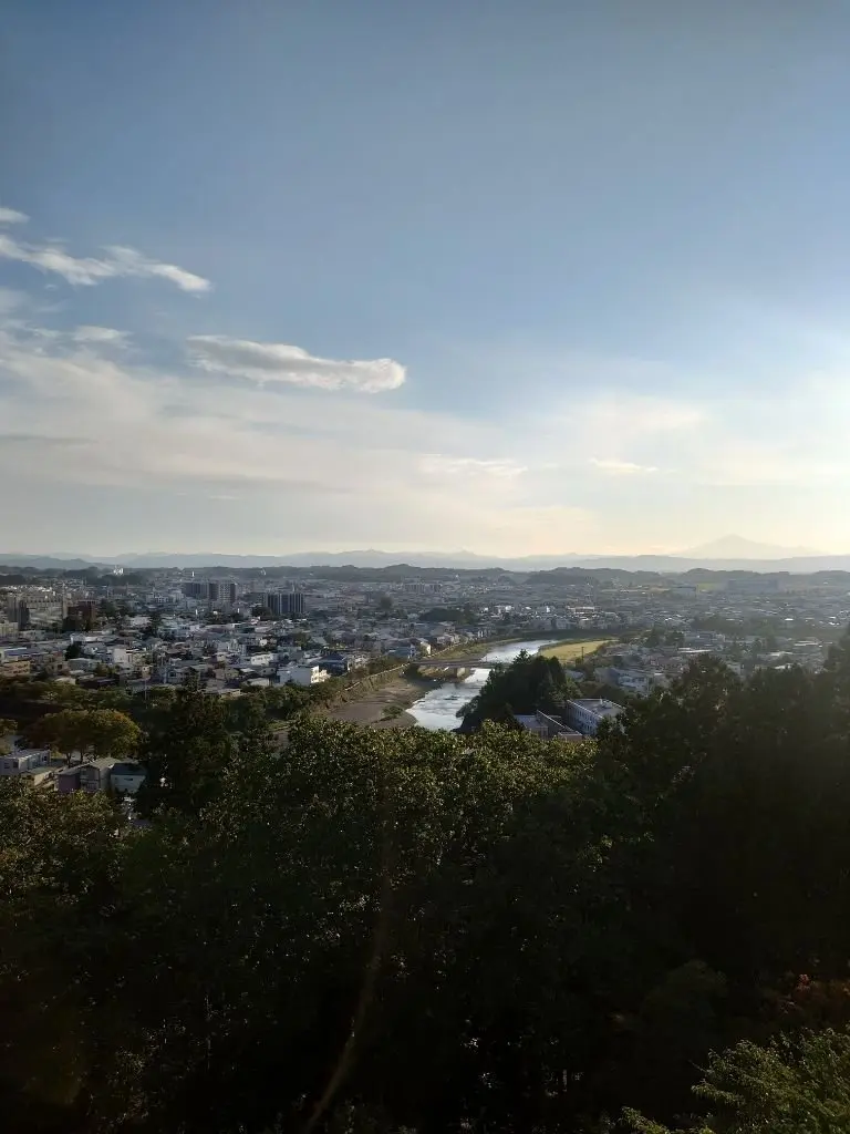 緑豊かな丘の上から見下ろす、河川沿いに広がる都市の風景。遠くには山々が連なり、澄み切った青空に白い雲が浮かんでいる。