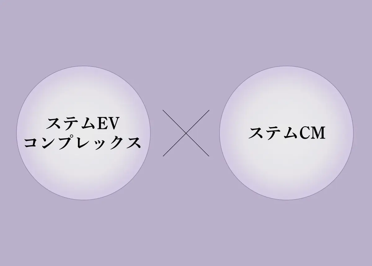 左右に円形の図が配置されている。左図には「ステㄙEV コンプレックス」、右図には「ステㄙCM」と日本語で記載されている。図の間にはX字型の線がある。背景は淡い紫色。