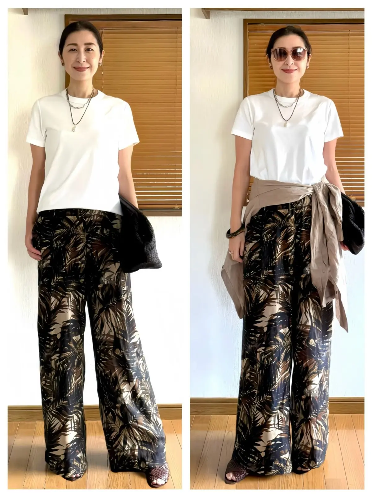 白Tシャツに黒ベースの葉柄ワイドパンツを合わせた女性。左画像では黒いカーディガンを肩にかけ、右画像ではベージュのシャツを腰に巻いている。両画像ともネックレスを着用し、右画像ではサングラスをかけている。