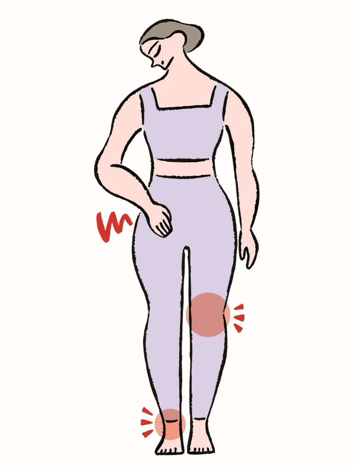 ベージュの服を着た女性が立っているイラスト。右手を腰に当て、やや上目遣いだ。膝や足首に光の表現が見られる。