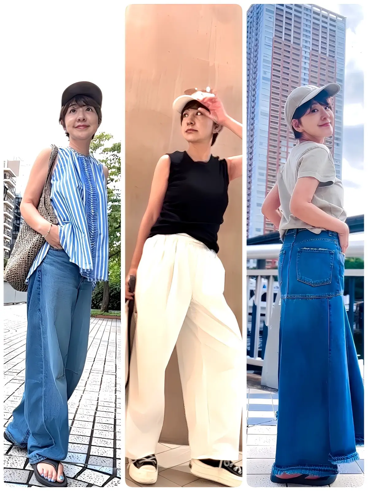 以下に、画像のAltテキストを提案します。

**Altテキスト:**

左: 白と青のストライプシャツにデニム、キャップを被った女性。右: 黒のタンクトップに白いワイドパンツ、白帽を被った女性。