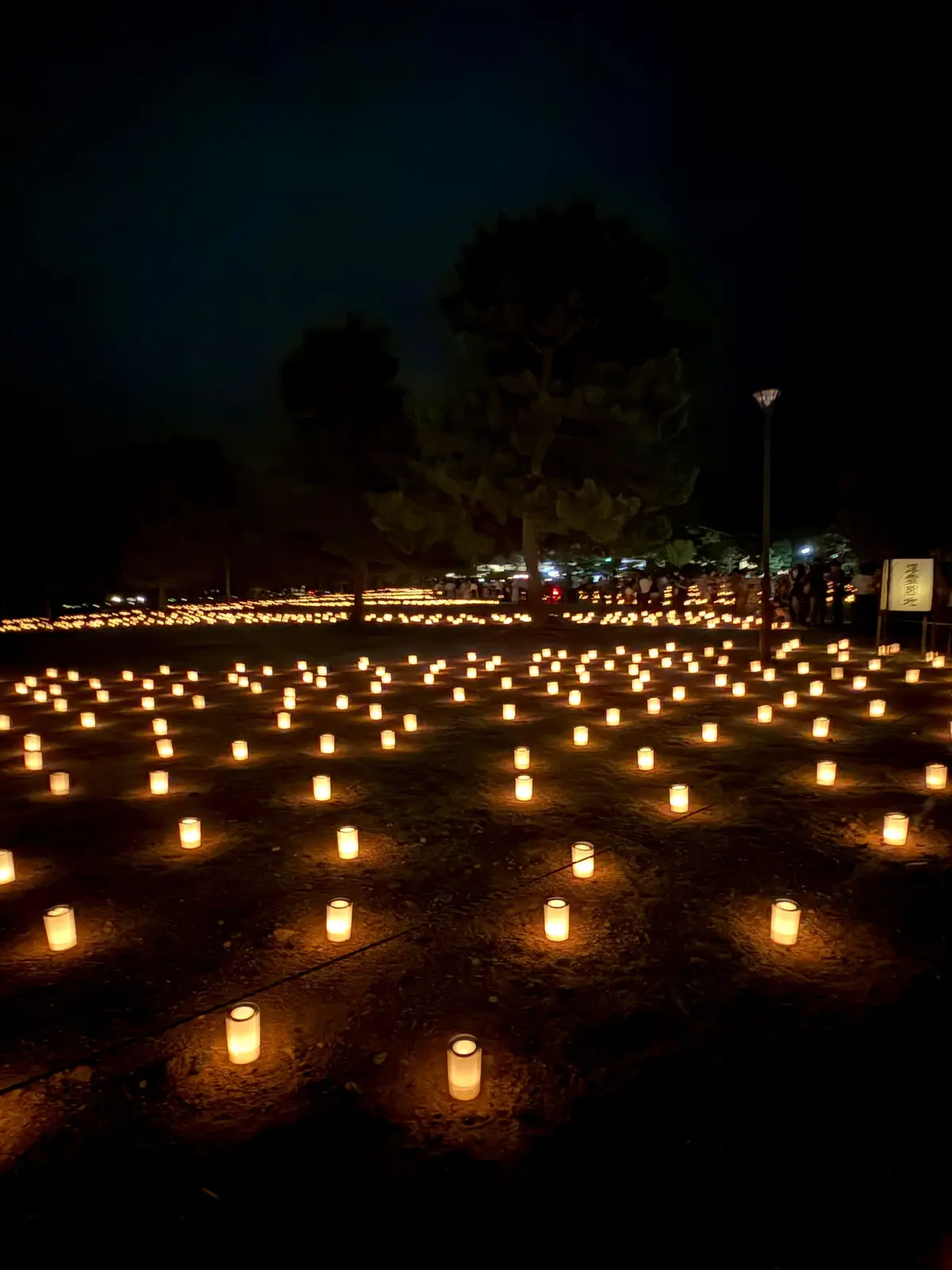 夜の公園に、無数のろうそくが置かれ、幻想的な光景が広がっている。手前に密集し、奥へ向かうほど疎らに配置されている。背景には木々と灯台のような建造物が見える。