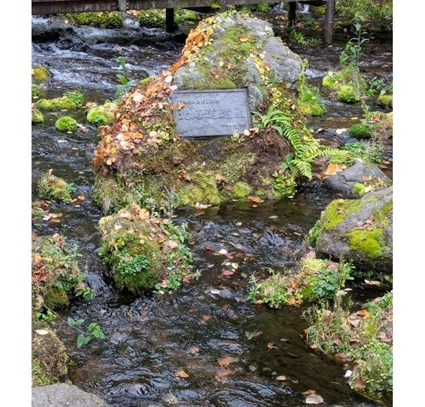 小川の中央に苔岩が複数あり、そのうちの一つの岩には「北海道遺産」の看板が設置されている。