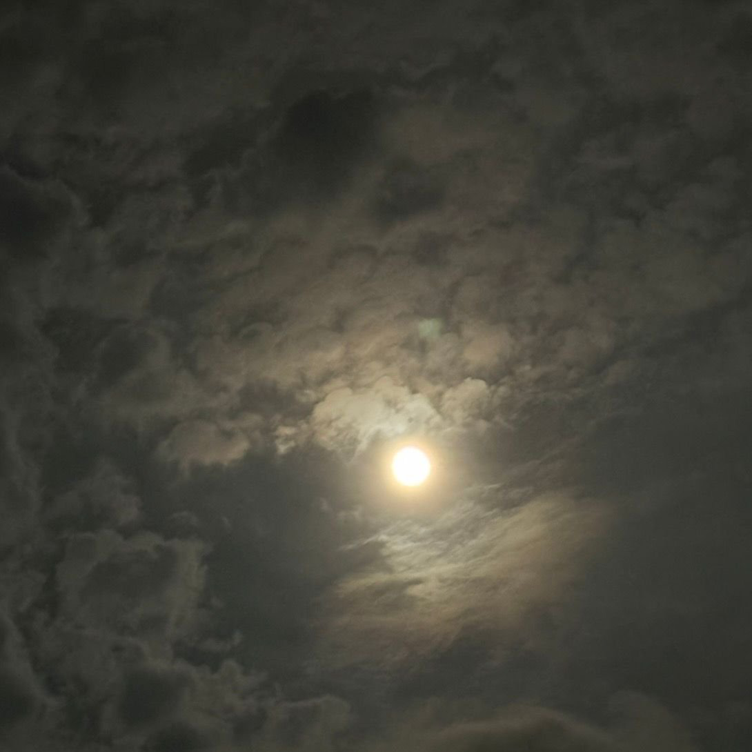 夜空に浮かぶ明るい月。雲に覆われながらも光を放ち、周囲をぼんやりと照らしている。