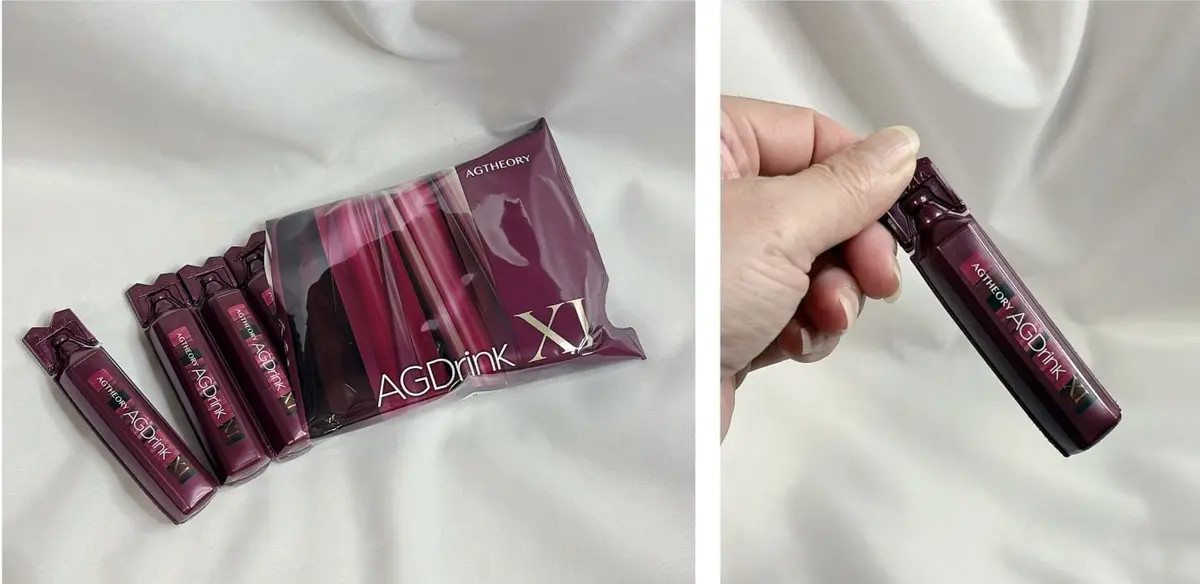 AGtheoryのAGDrink X1という美容ドリンクの画像。左には5本のドリンクが箱に入った状態で、右には人がドリンクを持ち、手で握っている様子が写っている。ドリンクは紫色のボトルで、黒いキャップが付いている。