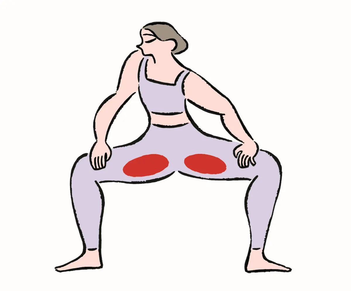 ヨガウェアを着た女性が、床に座って前屈するポーズをとっているイラスト。茶色の髪を後ろでまとめ、手は床につき、膝は外側へ開いている。