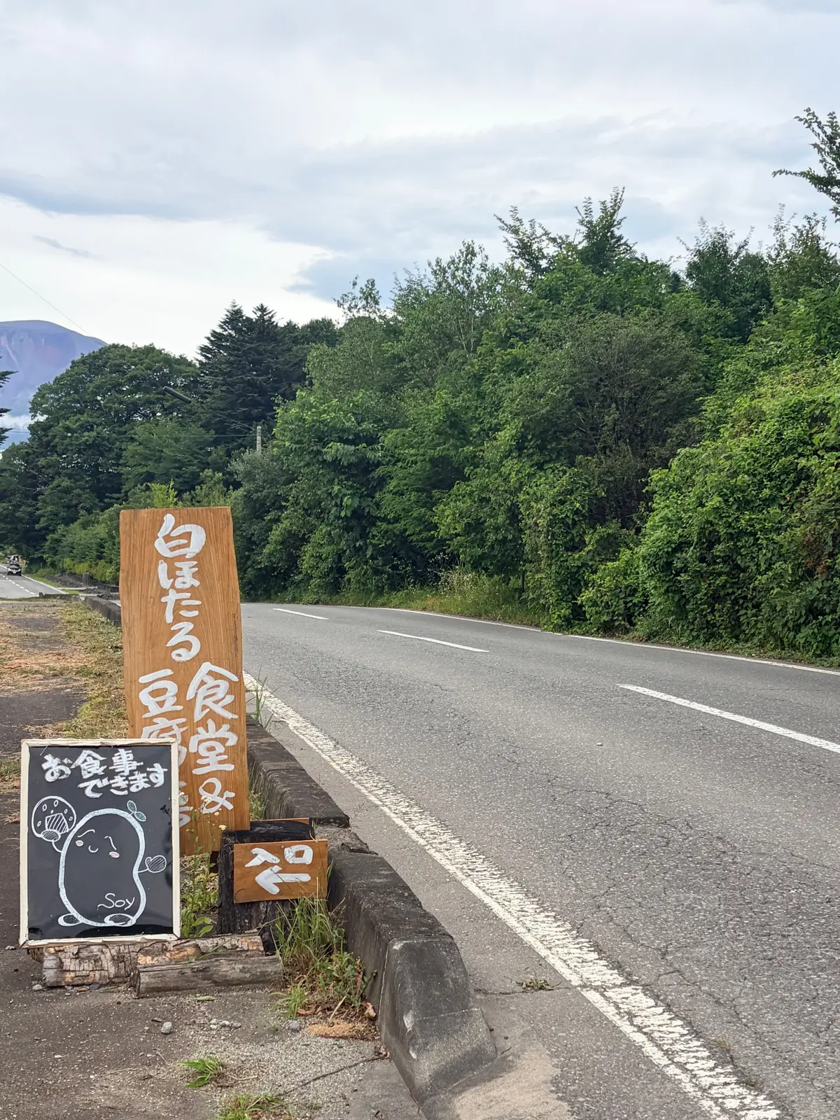 田舎道脇に置かれた木製の看板と黒板。看板には日本語で文字が書かれ、黒板にはイラストと文字が描かれている。背景には緑豊かな木々と山並みが広がり、灰色の空が広がっている。
