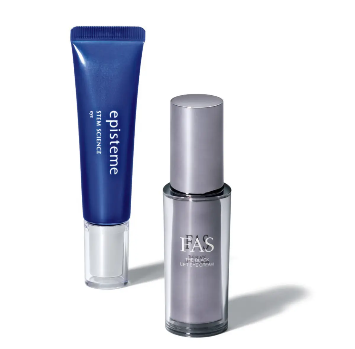 膨らませケア　おすすめコスメ　アイケア　左：再生医療の知見を盛り込んだ目もとのエイジングケア。奥深くから働きかけて、まぶたのくぼみやハリのなさ、影感を予防。 エピステーム ステムサイエンスアイ 18g ￥19,800／ロート製薬　    FAS ザ ブラック リフト アイクリーム  右：目もとのフォルムを支える眼輪筋に着目し、京都産くぬぎ酵母エキスを配合。肌の深層から厚みを増してくまもケアし、まつ毛の育毛まで。 FAS ザ ブラック リフト アイクリーム 15g ￥16,500／シロク