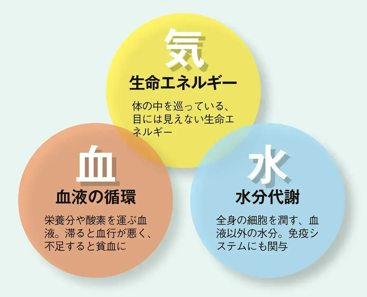 東洋医学では、体の調子が悪いのは気・血・水のバランスが乱れることで起こると考えます