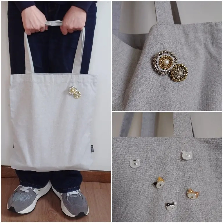 シンプルなトートバッグを缶バッジやビーズの画像_3