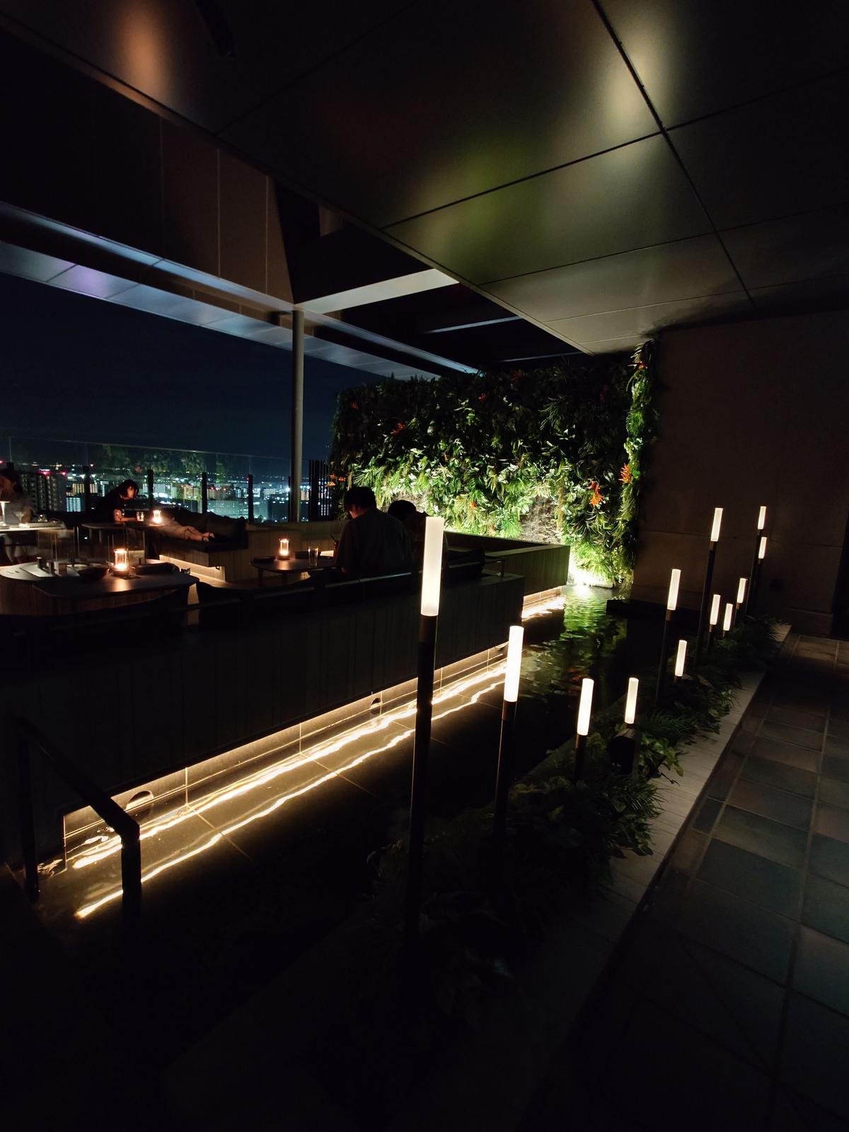 夜景を望むThe TRAVELERS HOUSE ROOFTOP BAR の壁と、地面に設置されたライトアップされた植物が配置されている。遠景には都市の光が見える。