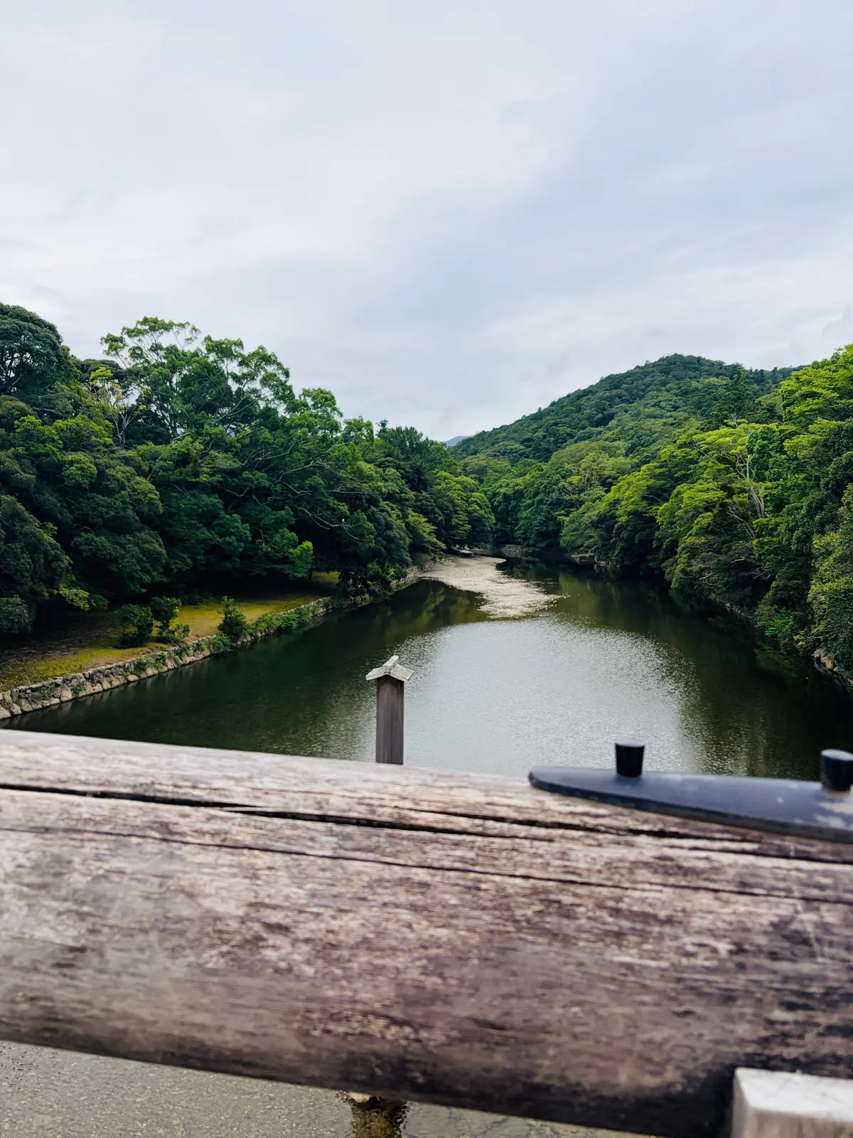木製の橋から見下ろす、緑豊かな山々に囲まれた静かな川。中央には水面からそびえ立つ柱のようなものがあり、背景には遠くの橋が見える。空は曇り。