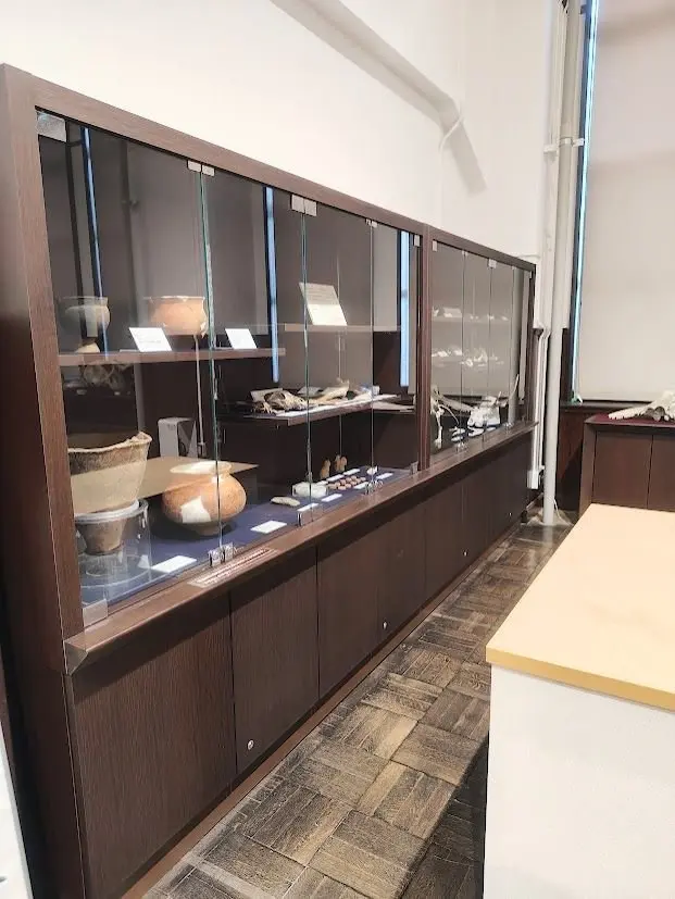 博物館の展示ケースに、古代の土器や石器などの展示品が並んでいる。木製のダークブラウンのケースで、ガラス戸で覆われている。床は模様の入ったタイル張り。