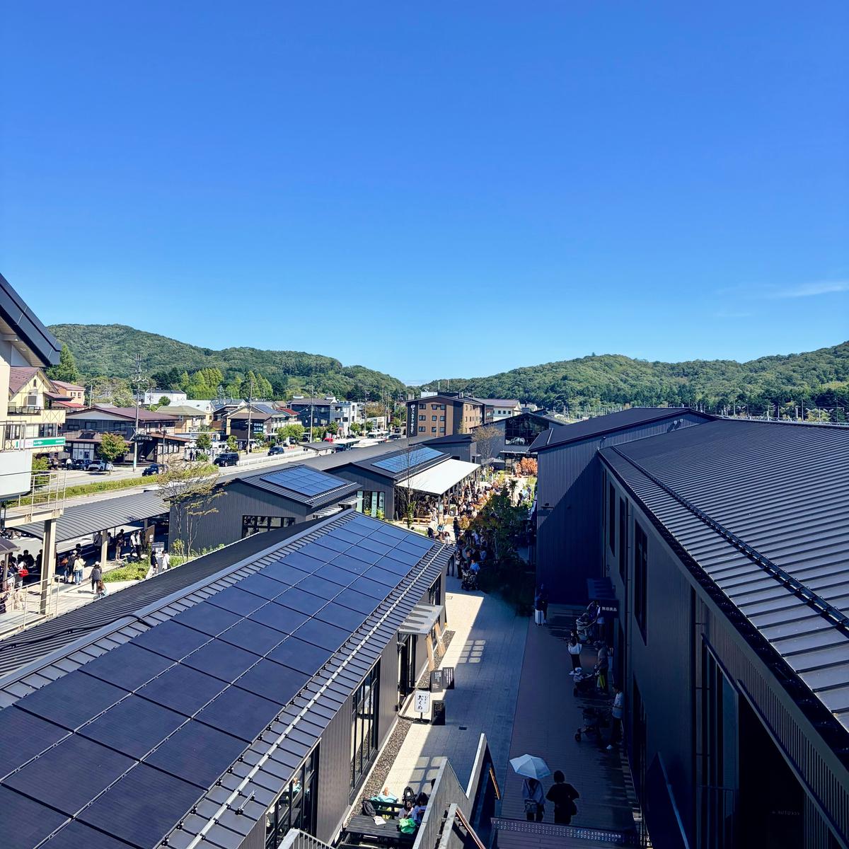 晴天の日の街並み。屋根付きの木道から、商店が並ぶ通りと、緑豊かな山々を見下ろせる。多くの人が通りを歩き、活気がある。