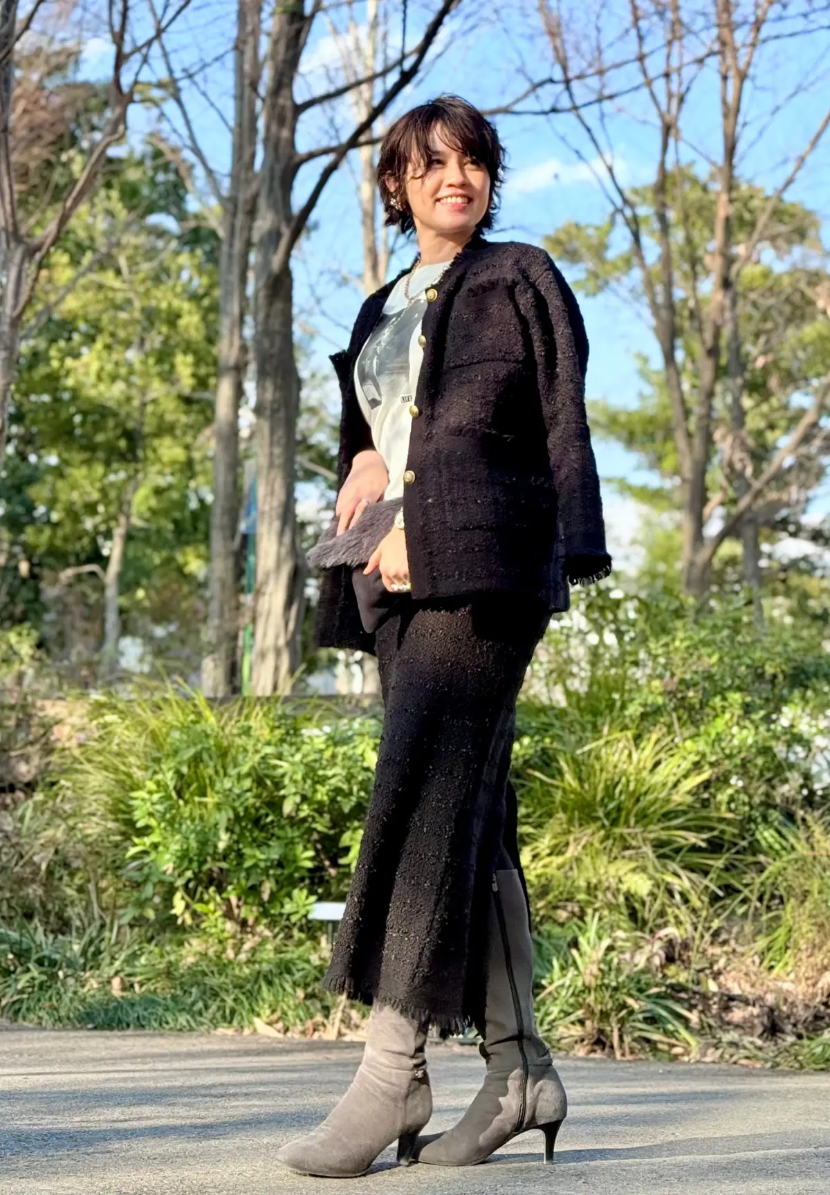 エクラ 華組　水口宜子さん　スーツコーデ　セレモニー　ツイード