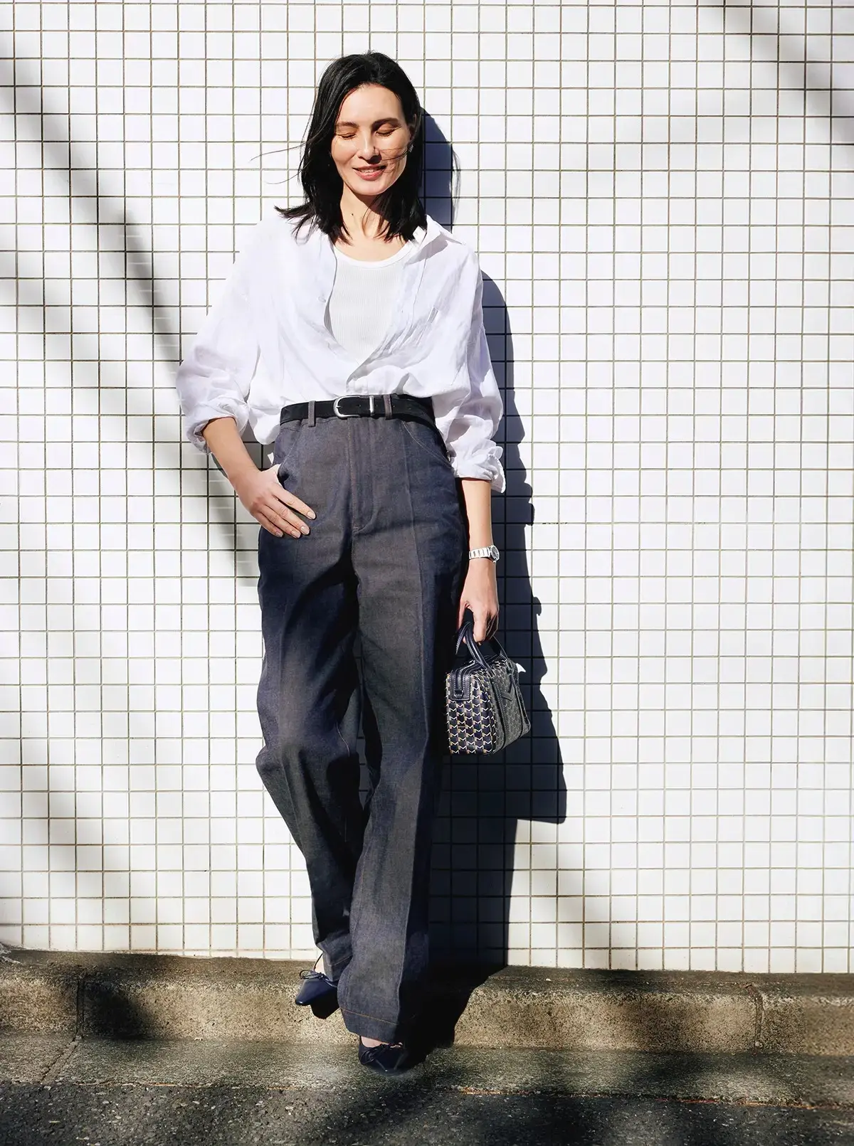 リネンシャツ×センタープレス入りデニム