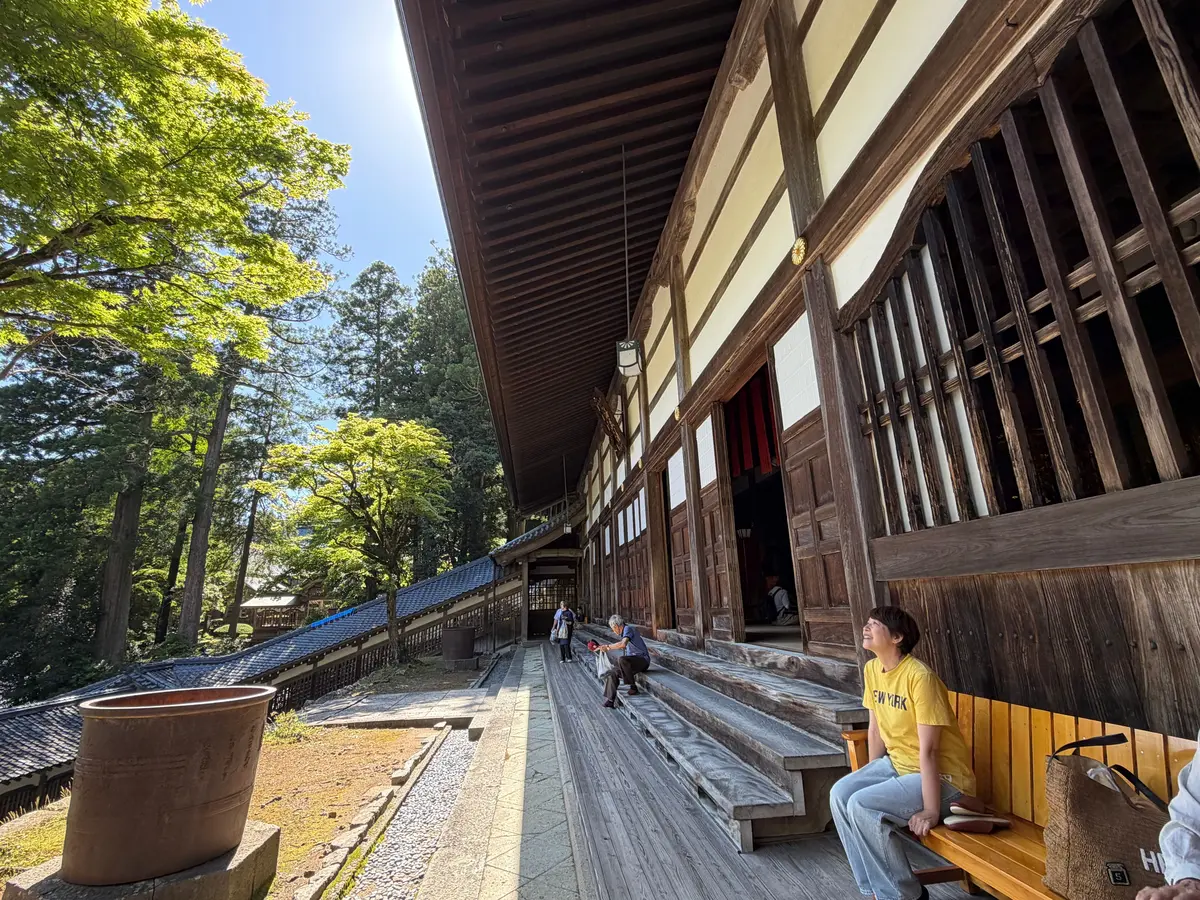 伝統的な木造建築の廊下に人々が座り、緑豊かな木々が背景に広がる