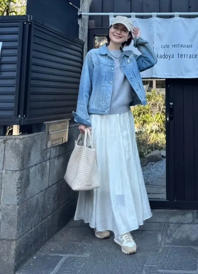 デニムジャケット キャップ　春コーデ