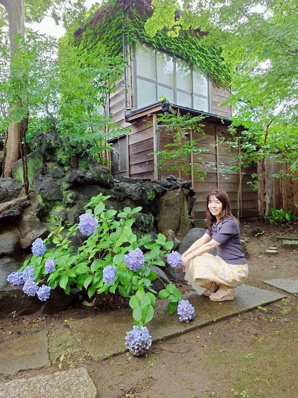 木造の建物と紫色の紫陽花が茂る庭。女性が腰を下ろし、花に視線を向けている。石組みの縁に沿って紫陽花が植えられ、緑豊かな木々が背景にある。