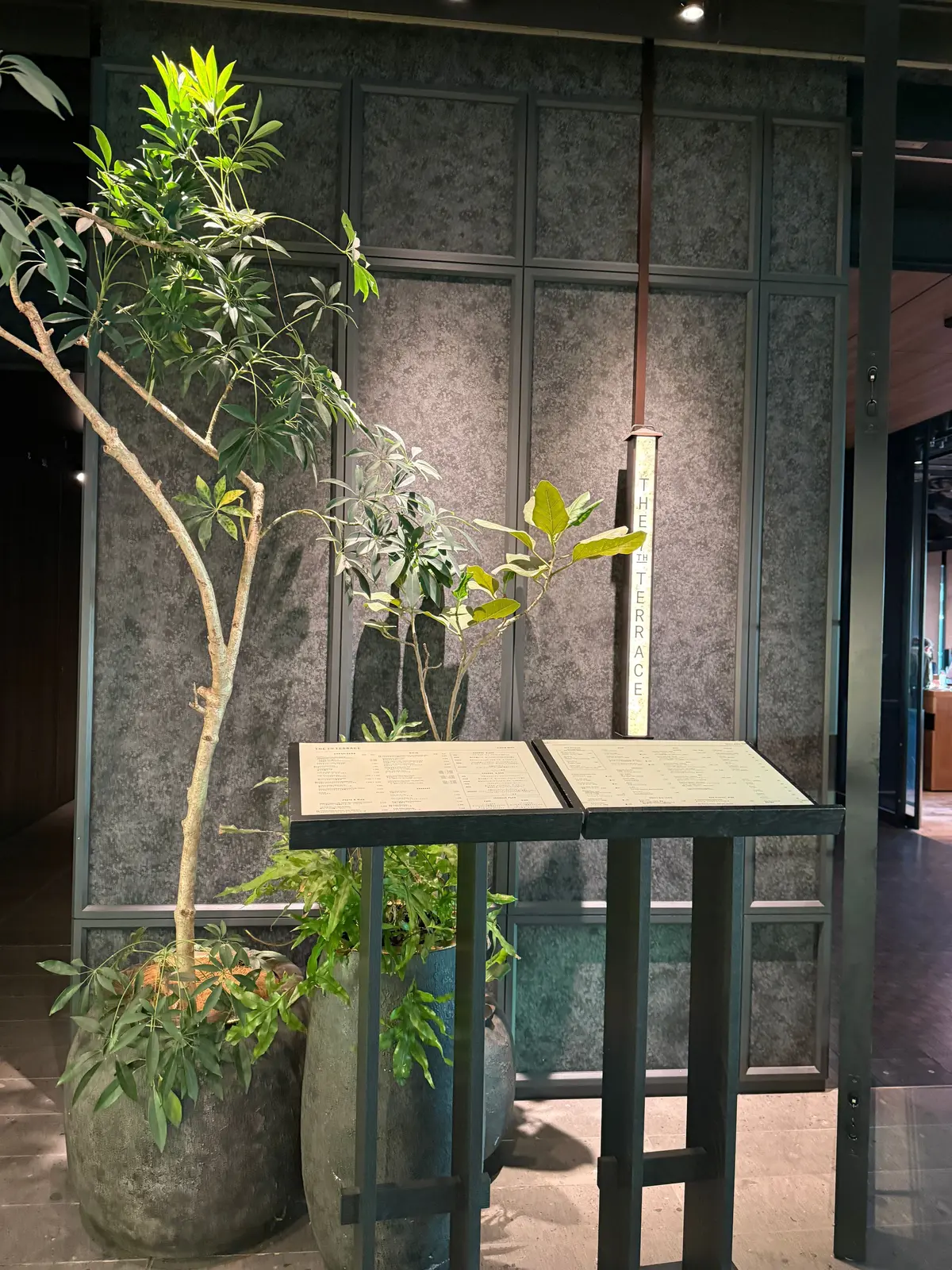 テラスへの入り口。緑の植物が植えられた石のプランターの横に、メニュー立てが置かれている。背景には、グレーのパネルが設置された壁がある。