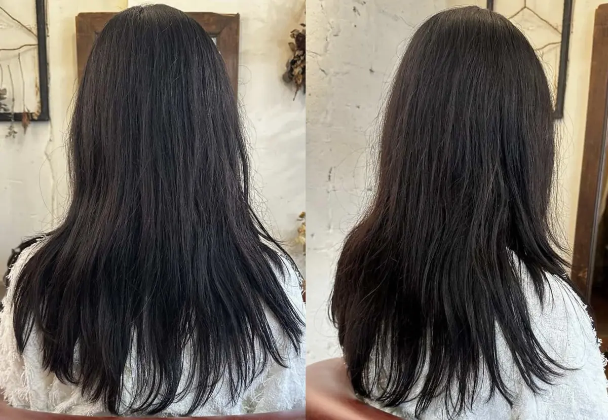 ・美容院に居る・ヘアトリートメント施術前の後ろと横の髪の画像