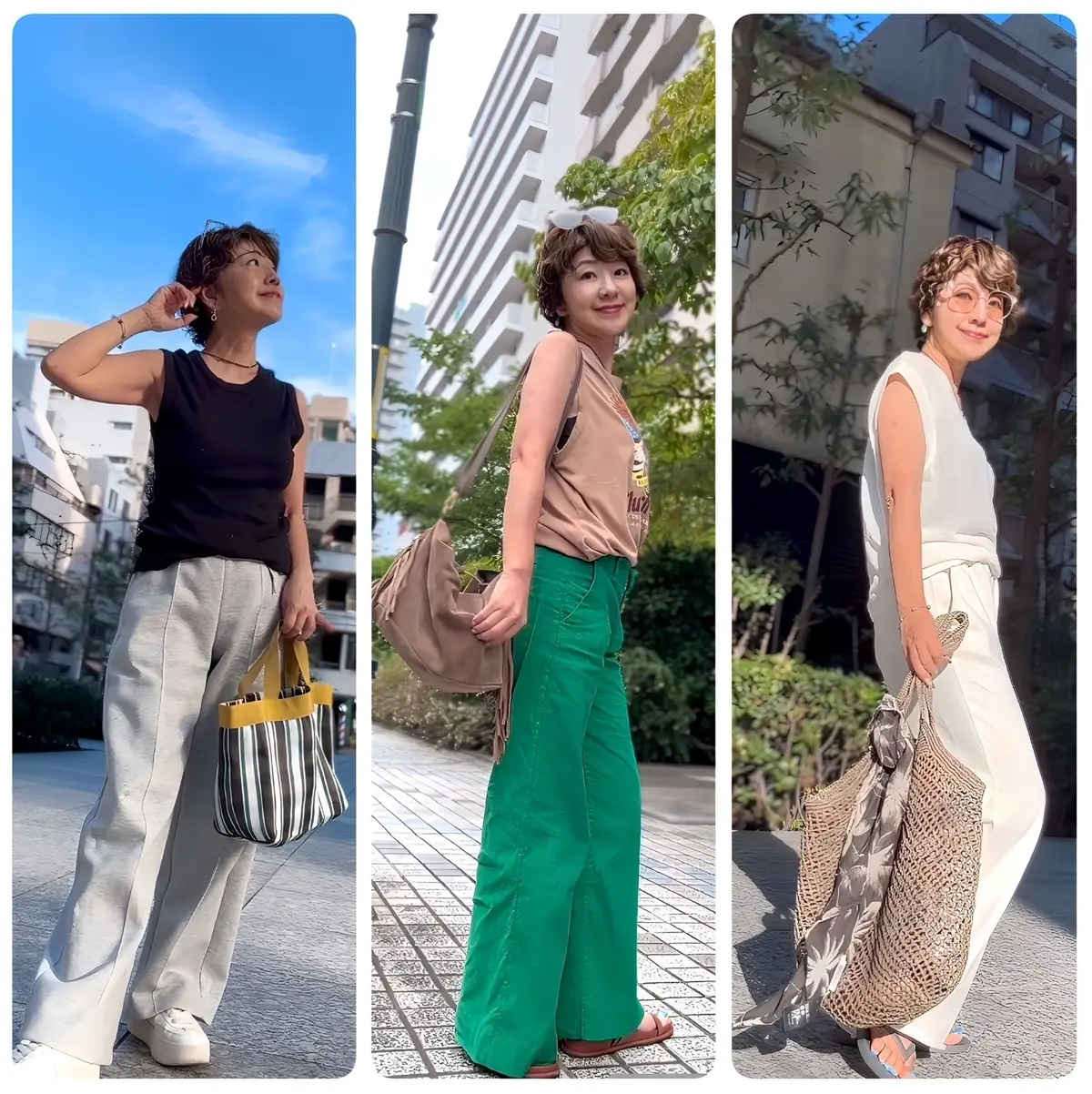 左: 黒のタンクトップに白いパンツ、白いバッグを持つ女性。右手を頭に添え、背景に建物。
中央: ベージュのTシャツに緑のフレアパンツ、茶色のバッグを持つ女性。背景に高層ビル。
右: 白いタンクトップに白いパンツ、網目状のバッグを持つ女性。