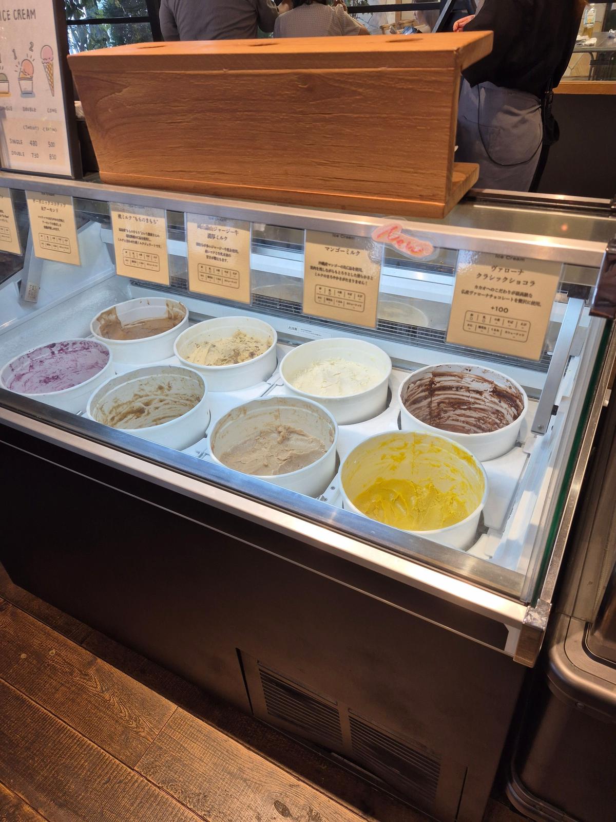 ガラスケースに並んだ様々なフレーバーのアイスクリーム。左から紫、ピンク、ベージュ、白、黄色、茶色、チョコレート味。価格表と木箱がケースの上に置かれている。