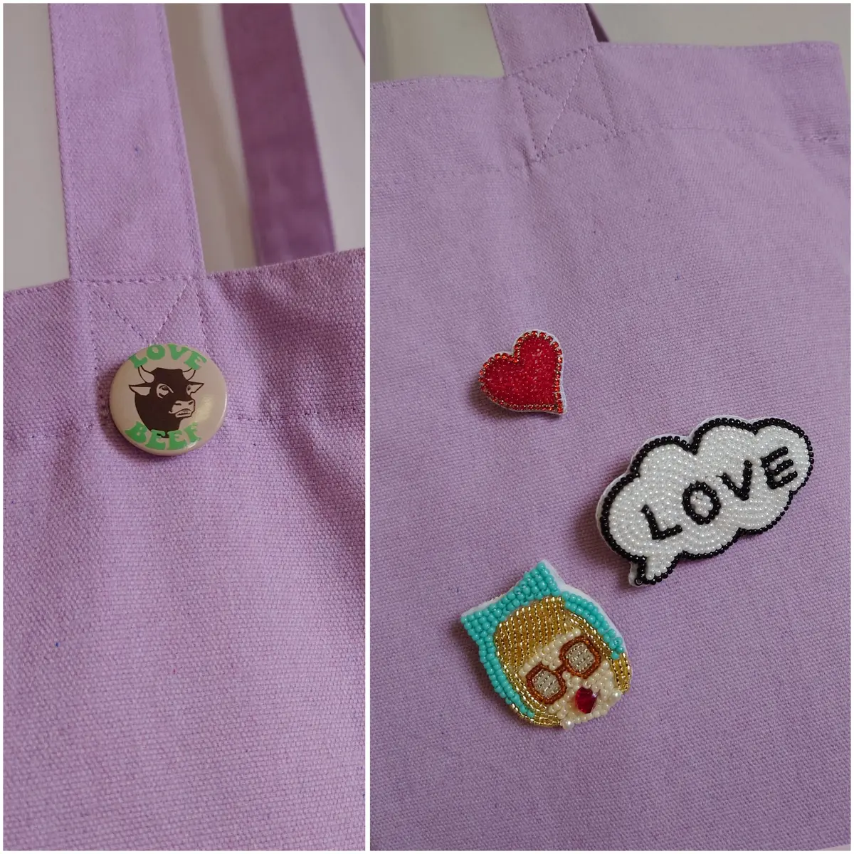 トートバッグにブローチ＆缶バッジ④