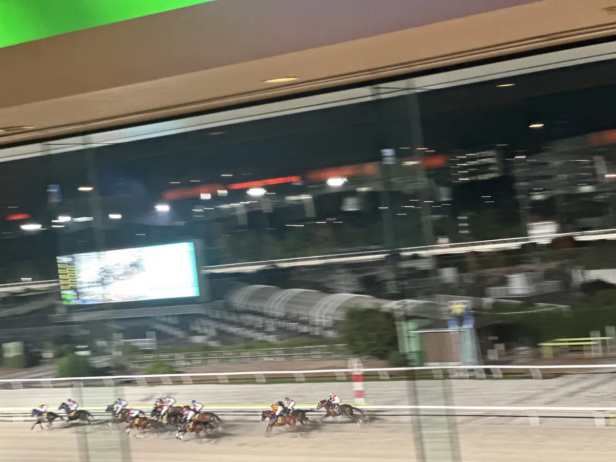 夜の競馬場。複数の馬が砂のトラックを疾走し、観客席と大型スクリーンが見える。全体的に画像がぼやけている。
