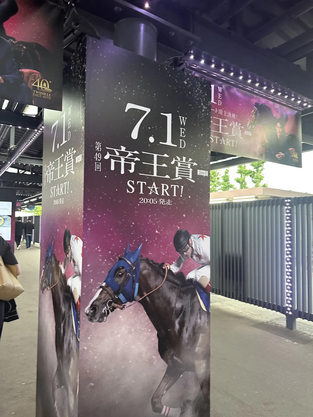 7月11日開催の「帝王賞」の広告ポスター。馬を跨る騎手の姿が描かれ、背景には星が散りばめられた紫色のグラデーション。右には金属製の柵が見える。