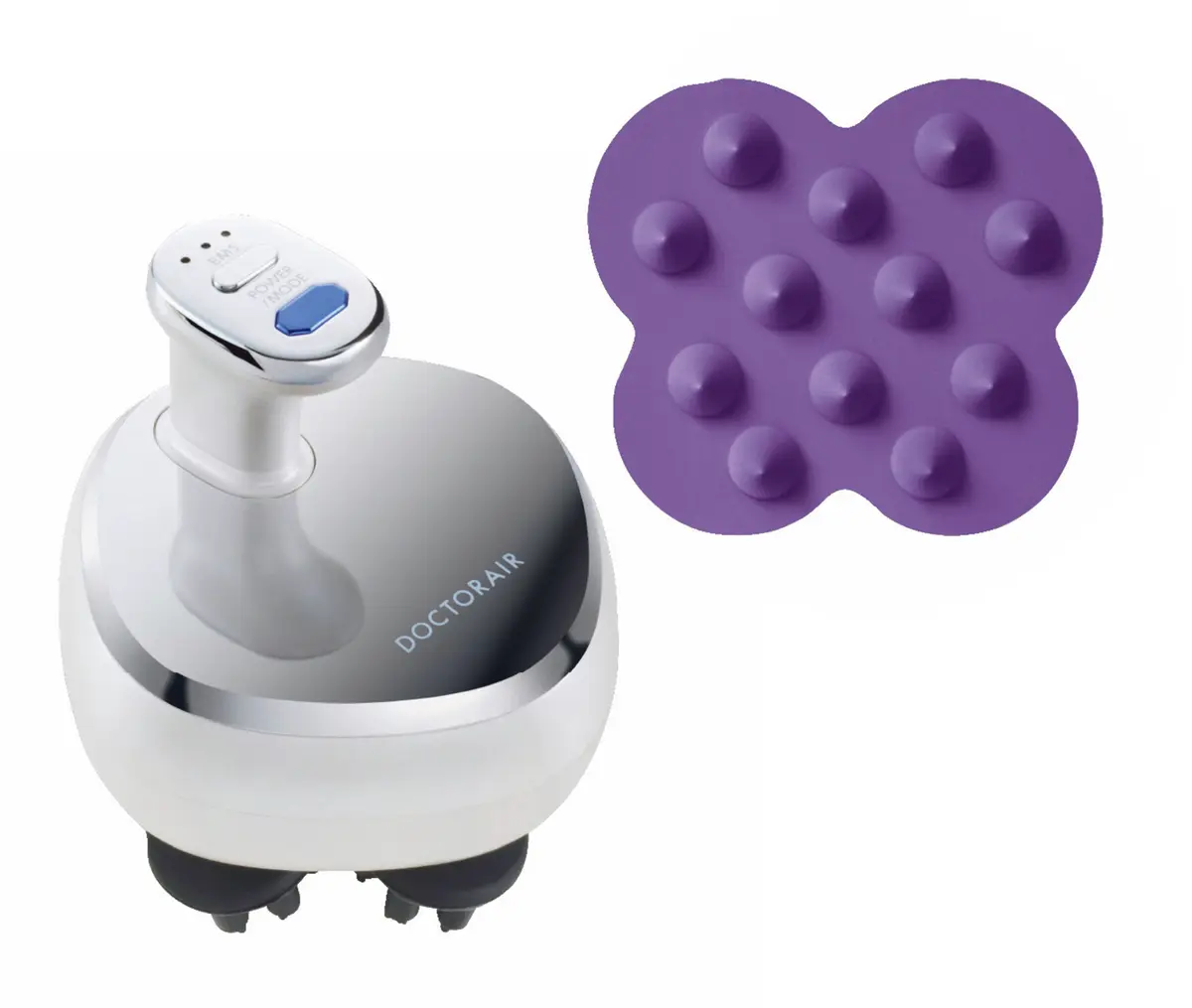 白を基調とした電動マッサージ器と、紫色の円柱状のヘッド。マッサージ器本体にはDOCTORAIRのロゴが、ヘッドには複数の突起がある。